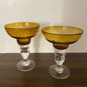 Set Of 2 Amber Glass Fruit Compote/Candy Dish with Stem